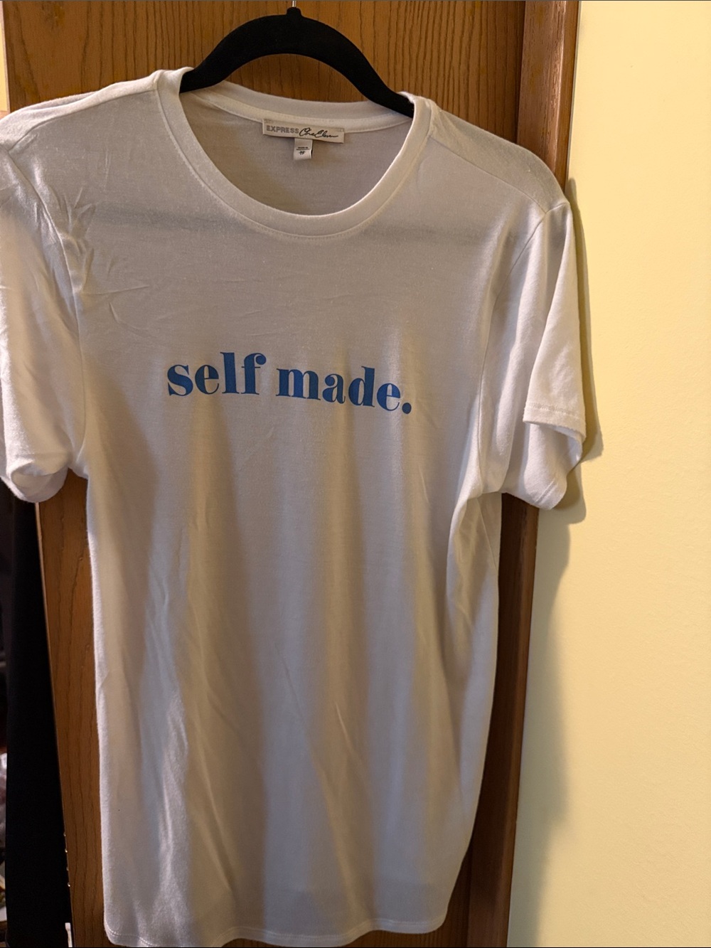 Express White Tee with Blue "self made." Graphic